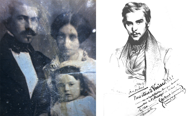 VICTOR DE GOUNON-LOUBENS, ON THE LEFT A PORtrAIT BY H. DEVERIA, ON THE RIGHT A DAGUERREOTYPE WITH HIS WIFE AND CHILD. (Click to get back)